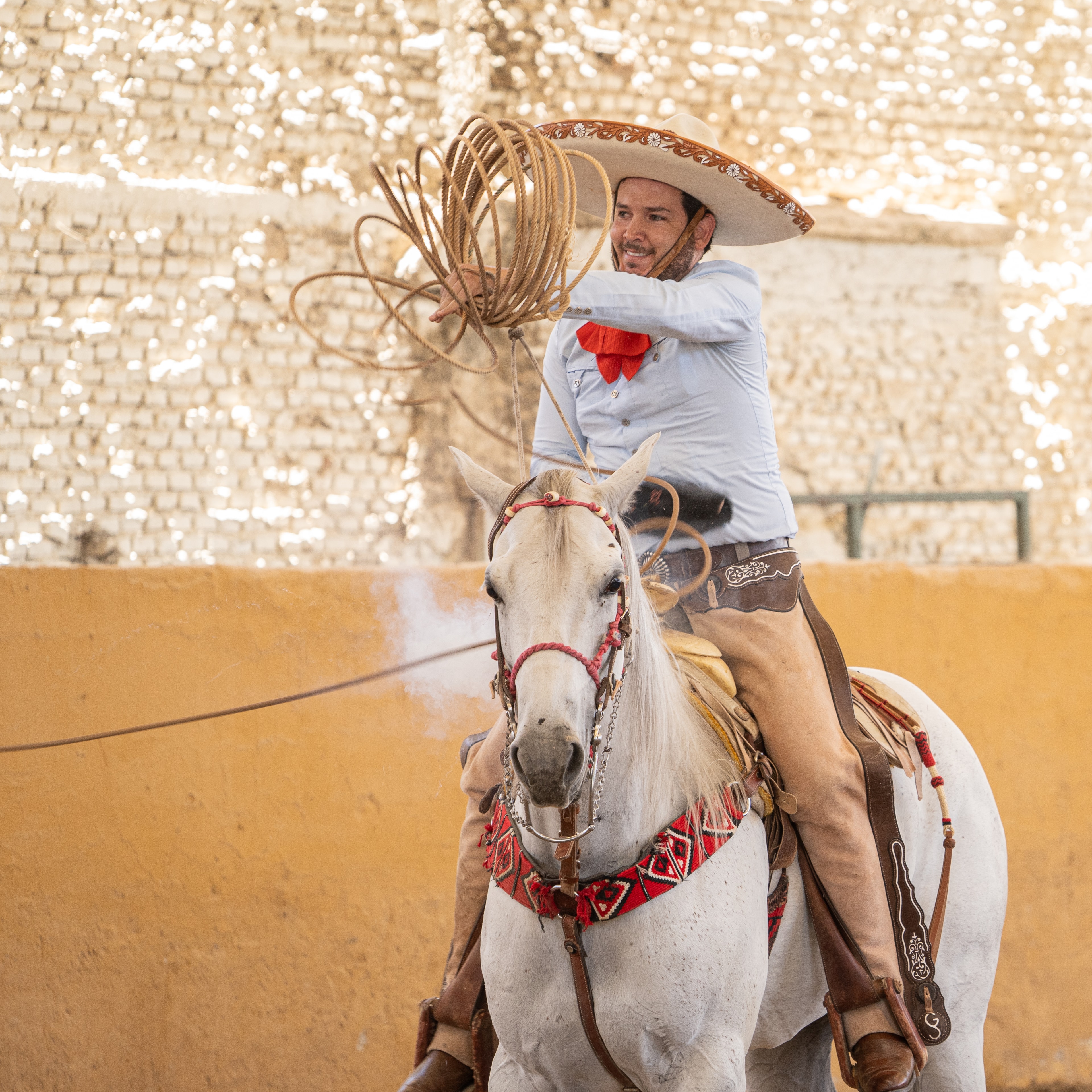 Charro lanzando reata desde caballo blanco en plena acción en el Lienzo Charro
